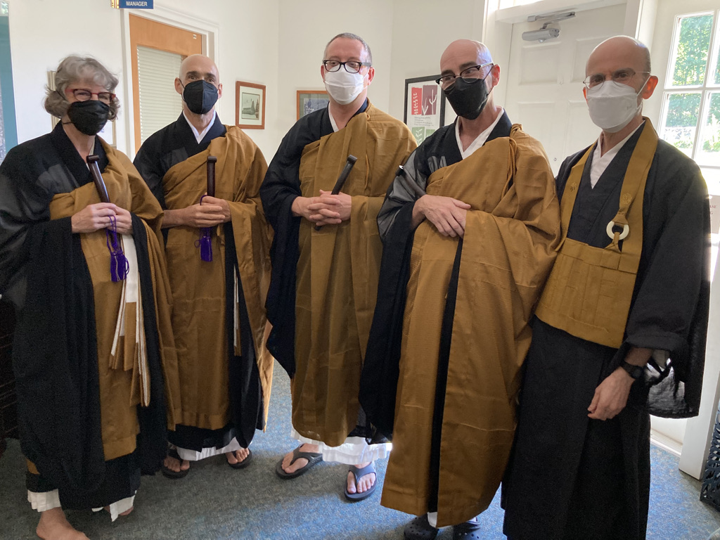 Five Zen teachers in brown robes